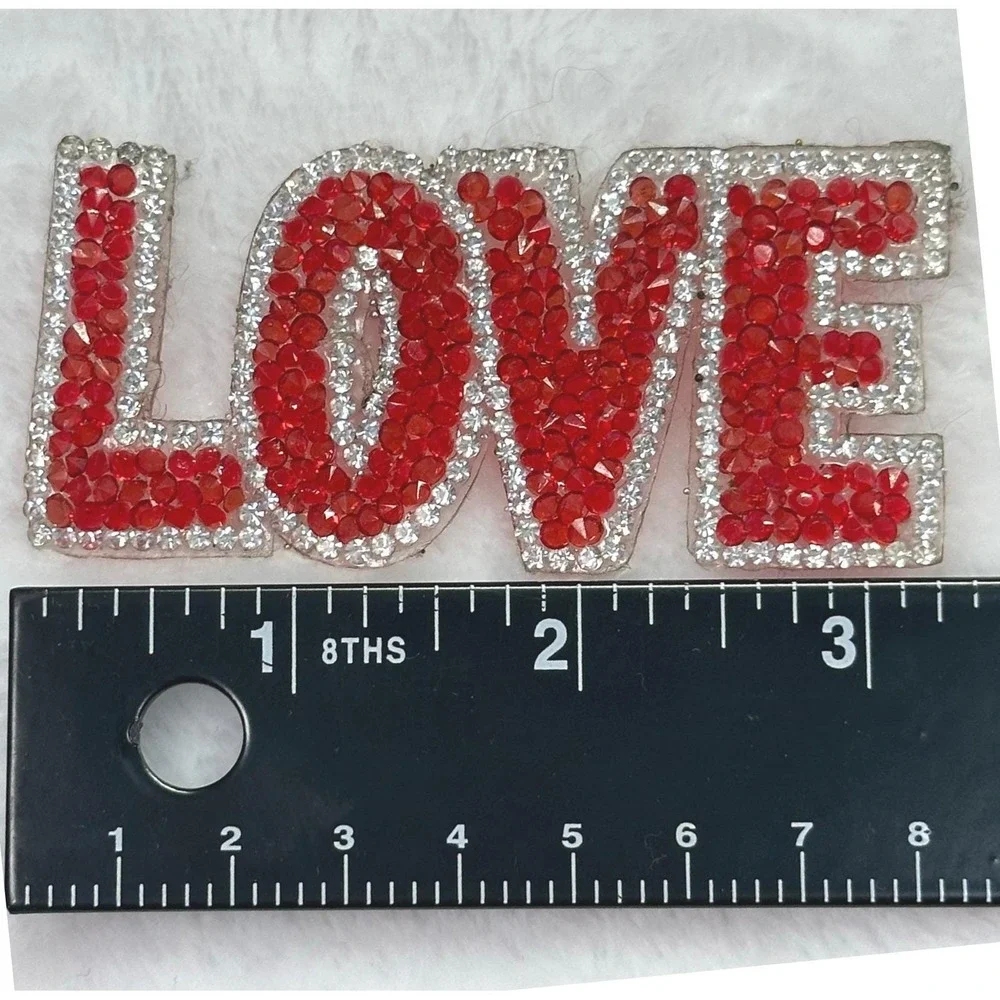 Rhinestone LOVE Iron On Patch Red Silver Glitter Applique 3.5 Inch